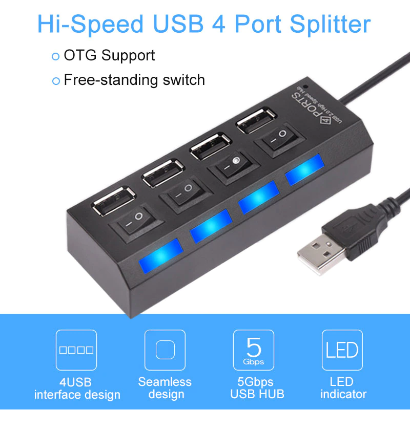 4 Port USB 2.0 HUB Extender Adapter For Laptop PC
