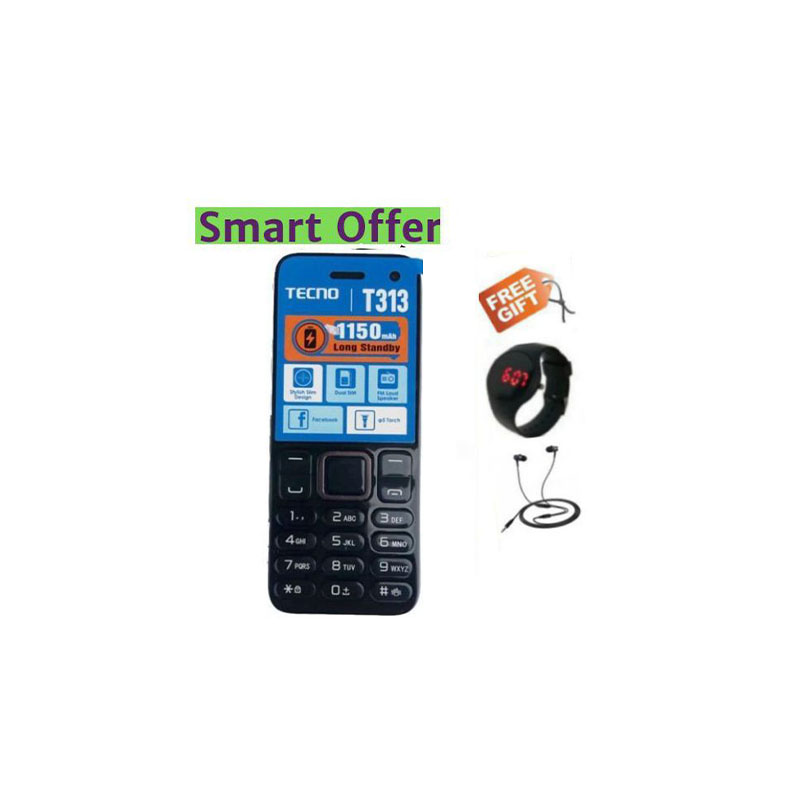 Tecno T313, 1.77'- Display, 1150 MAh Battery, Dual Sim- Black featured phone + FREE GIFTS