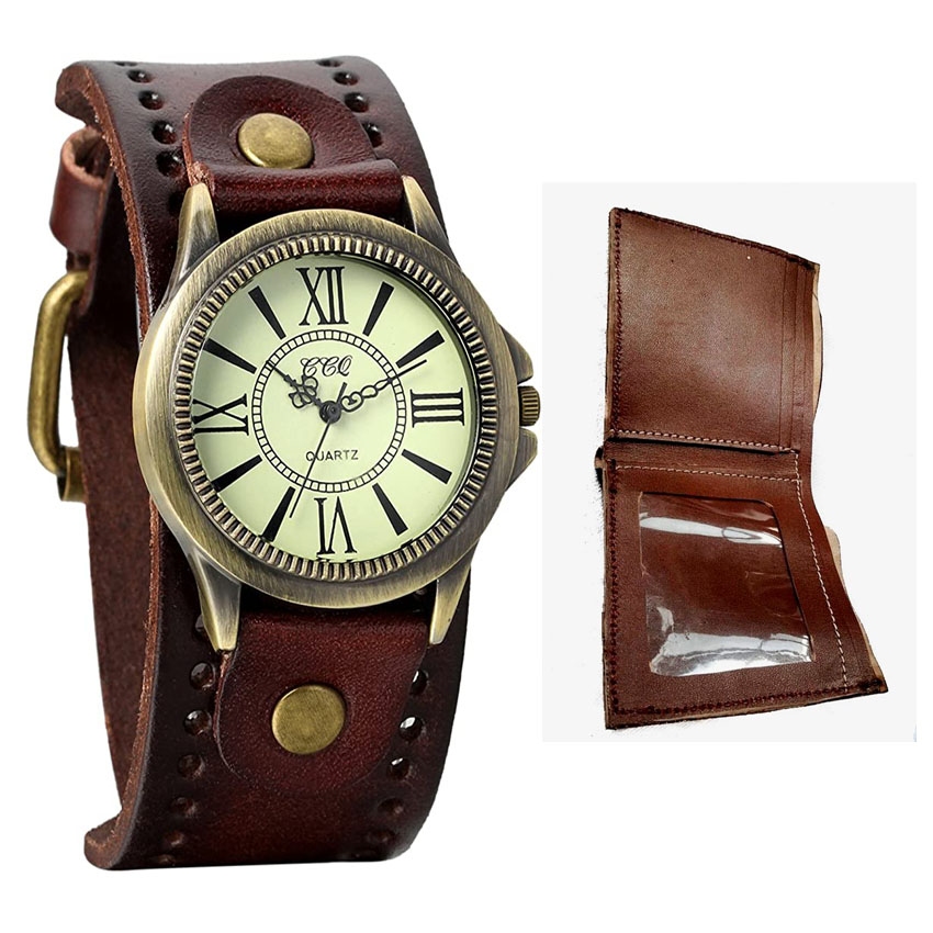 Mens Brown Leather watch with Wallet