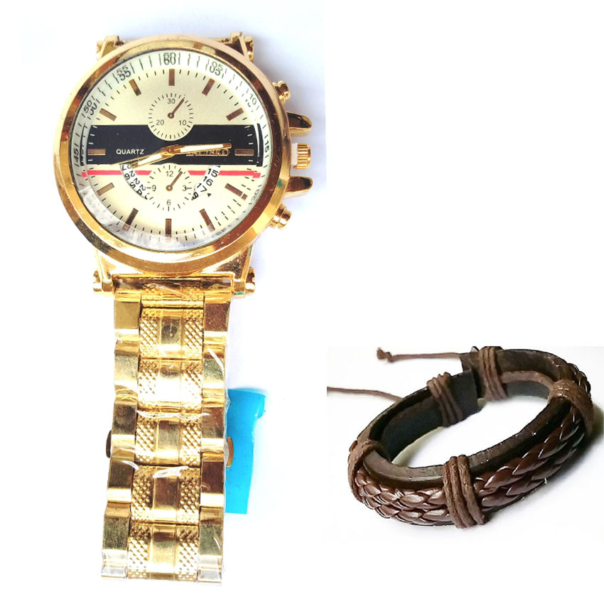 Mens Gold Plated watch with leather bracelet