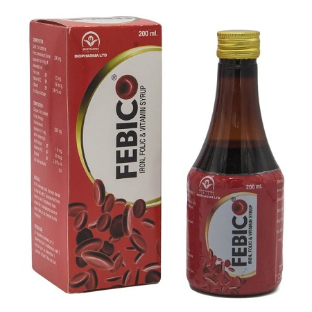 Bio Pharma FEBICO Iron, Folic & Vitamin Syrup Blood Builder - 200ml - Red