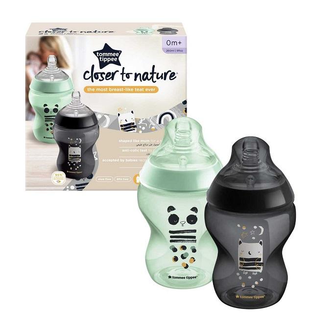 Tommee Tippee Closer to Nature Feeding Bottle, 0m+, 260ml, Green & Black - Pack of 2