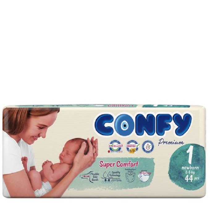 Confy Premium Size 1 New Born Baby Diaper, 44 Pieces, Pack of 5- Carton