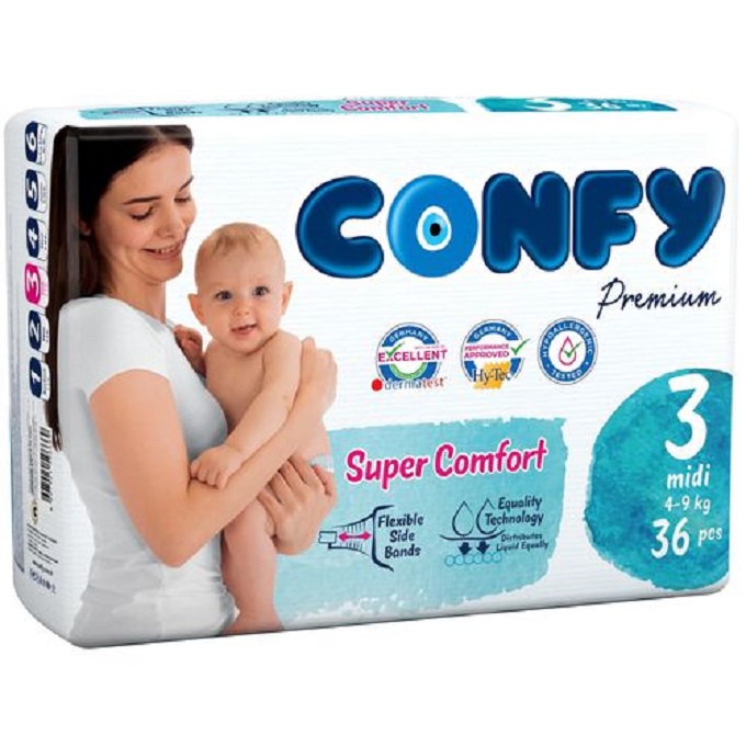 Confy Premium Size 3 Midi Baby Diaper, 36 Pieces, Pack of 5 - Carton
