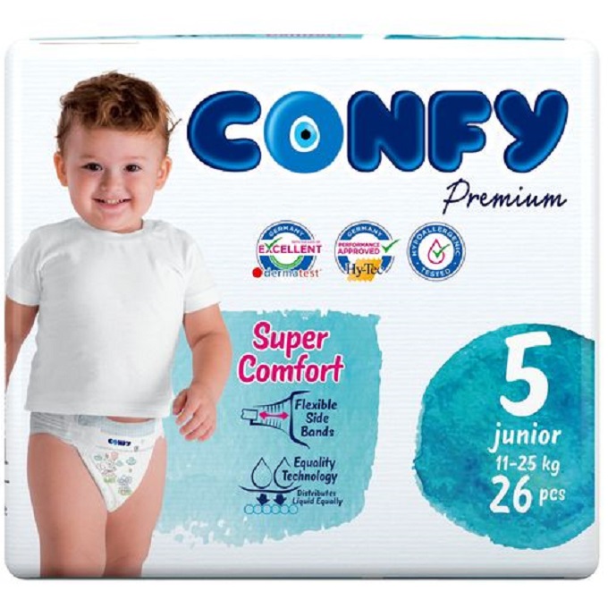 Confy Premium Size 5 Junior Baby Diaper, 26 Pieces, Pack of 5 - Carton