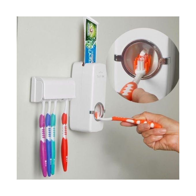 Touch Me Automatic Toothpaste Dispenser and 5 Toothbrush Holder Set - white