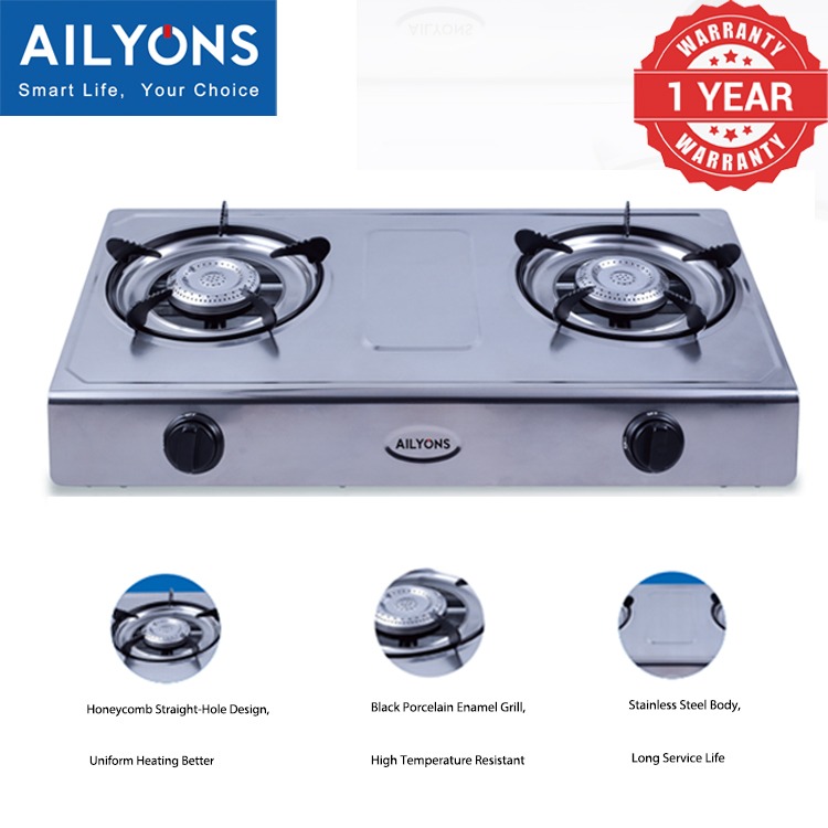 AILYONS GS017 Stainless Steel Double Burner Gas Cooker Stove Silver