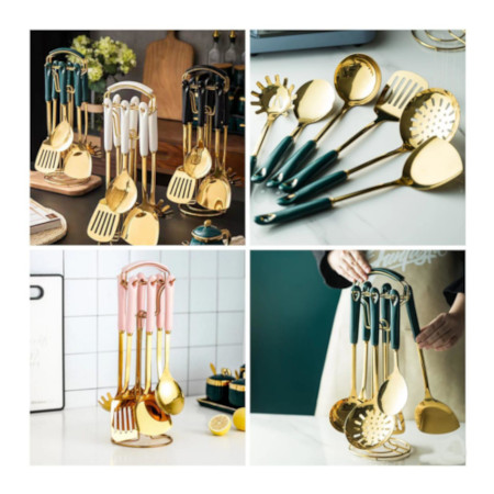 High QUALITY 6pcs plus 1stand Heavy Golden Serving spoons