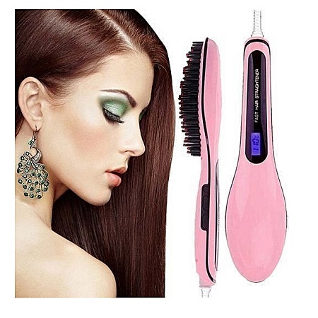 Professional Hair Straightener Comb Brush LCD Display Electric Heating Irons-Pink