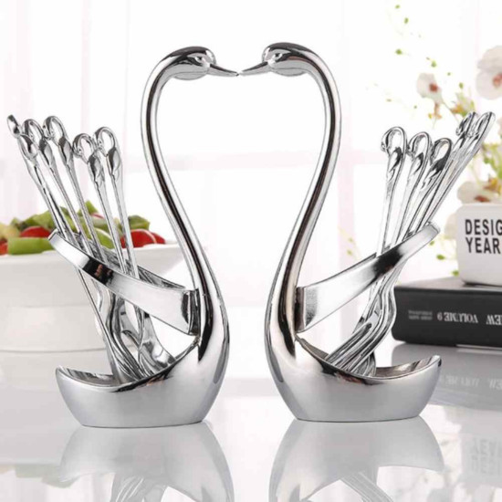 Swan spoon holder and 6pcs Teaspoon Silver