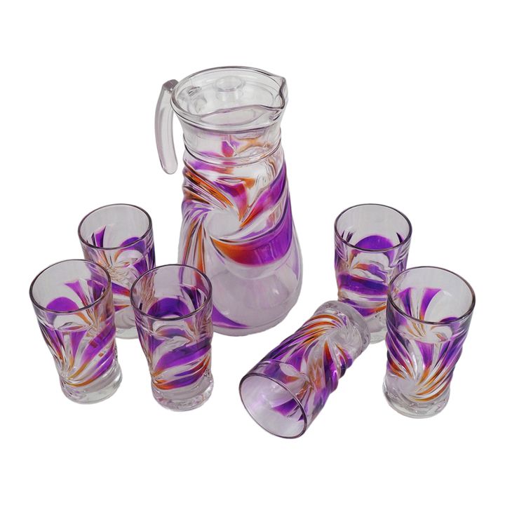 Nice One 7pcs High Quality Glass Kettle Cups Set( J-7-CUP6 JUG SET) orange+purple