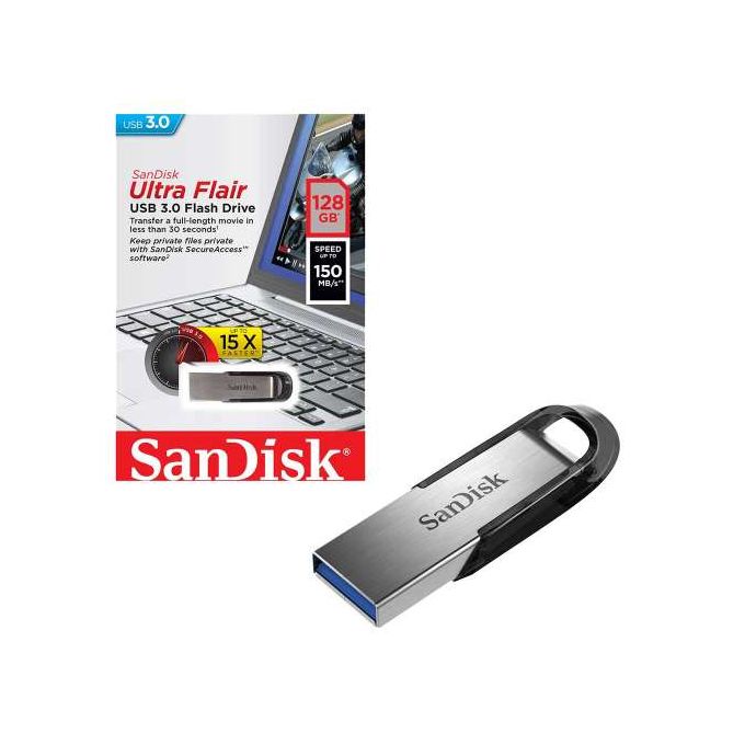 Sandisk Ultra Flair 128GB Flash Disk/Drive USB 3.0 - Silver