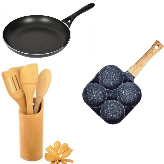 Generic 4 Holes Nonstick Pan + Non stick Frying Pan + 5 Pieces wooden Spoons set