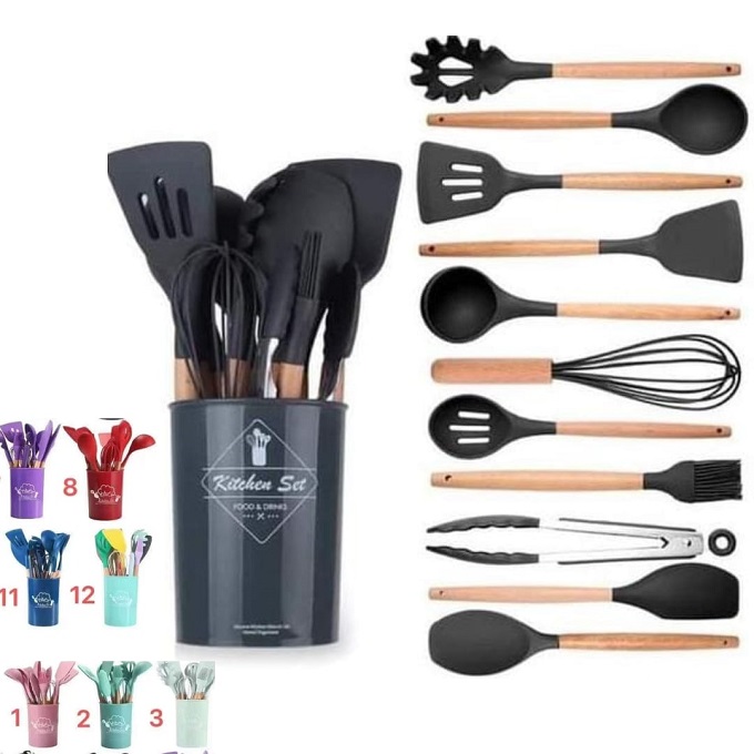 Silicone Kitchen Utensils Set (6 pcs): Natural Wood Cooking Tools, Non  Scratch