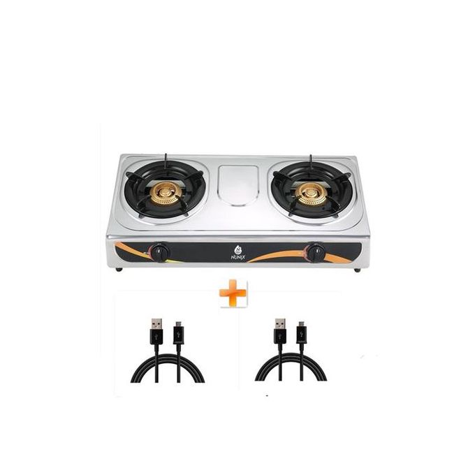Nunix Stainless Steel 2 Burner Gas Stove + Two Free Android Cables