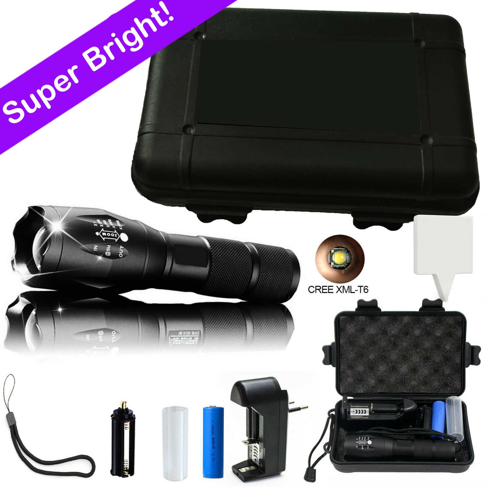Portable T6 Tactical LED Flashlight 980000LM Zoomable 5-Mode Battery Outdoor Tools Black 18650