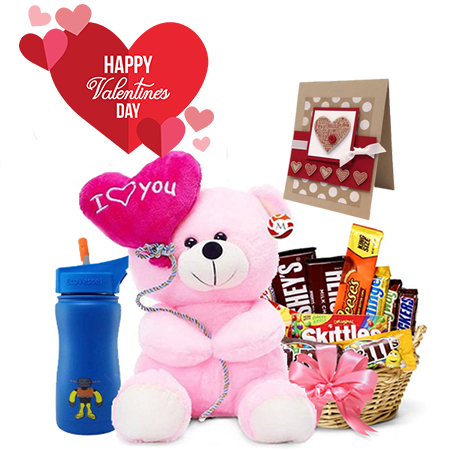 Smart Kid Package- Kids Water Bottle, Teddy Bear, Customized Card, Assorted Chocolate and Skittles
