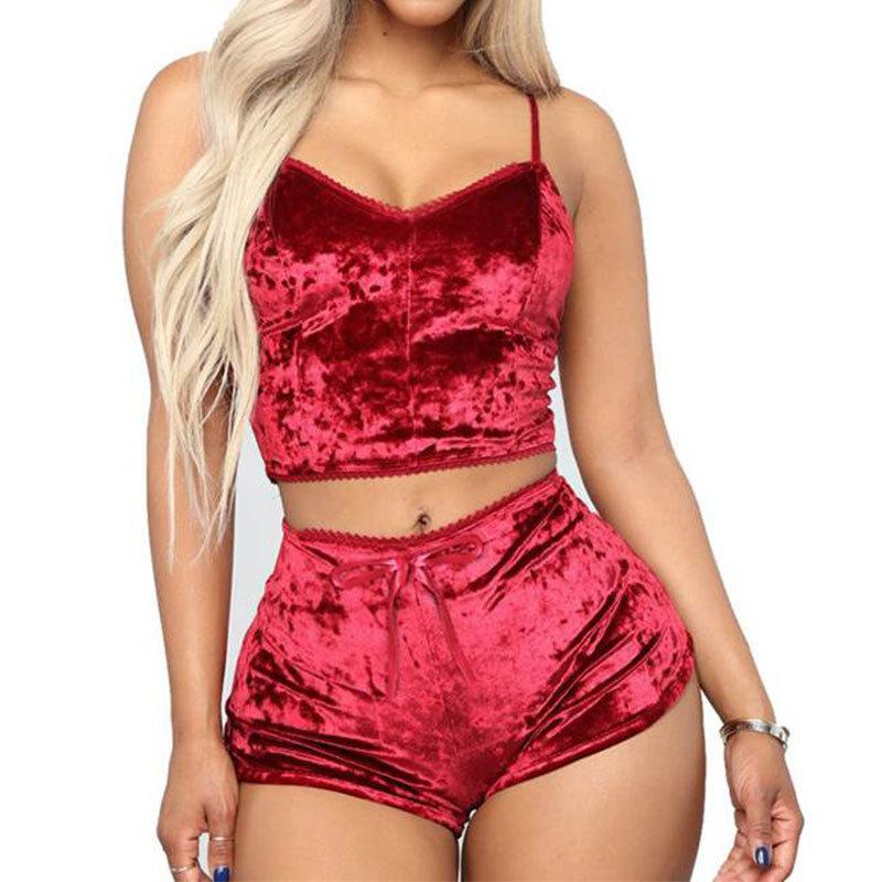 Fashion Velvet Sleepwear Sexy Spaghetti Strap Shorts Pajamas Set-RED