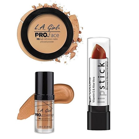 L.A Girl Soft Honey Matte Pressed Powder + Coverage Illuminating Foundation with FREE Moisture Lipstick- Rich Caramel
