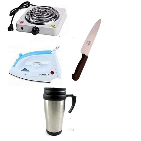One Electric Hot Plate + Scarlett Iron Box + One Travelling Mug + One Kitchen Knife