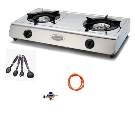 2 Burner Gas Stove,Stainless Steel (Silver)+ FREE Gas Regulator, Gas Pipe and Four Non Stick Spoons