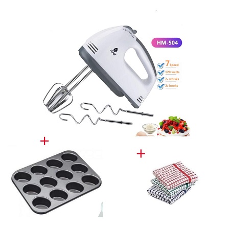 Hand mixer + 12 Hole Muffin Tray + Kitchen Towels