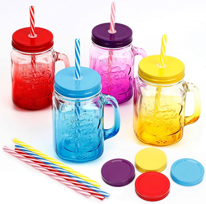 Mason Jar With Handle, Cover & Reusable Straw- 1 Pc